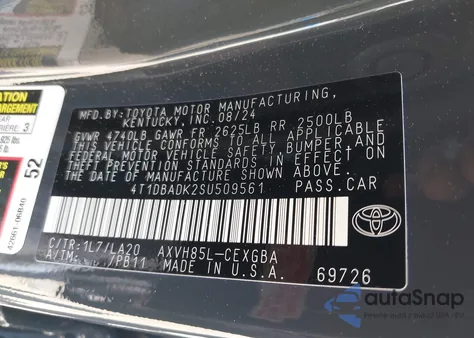 2025 Toyota Camry Xle from USA, damaged, VIN 4T1DBADK2SU509561